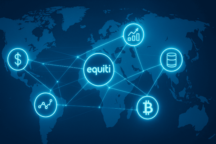 World map with Equiti at the center, connected to icons for crypto, commodities, stocks, and finance data